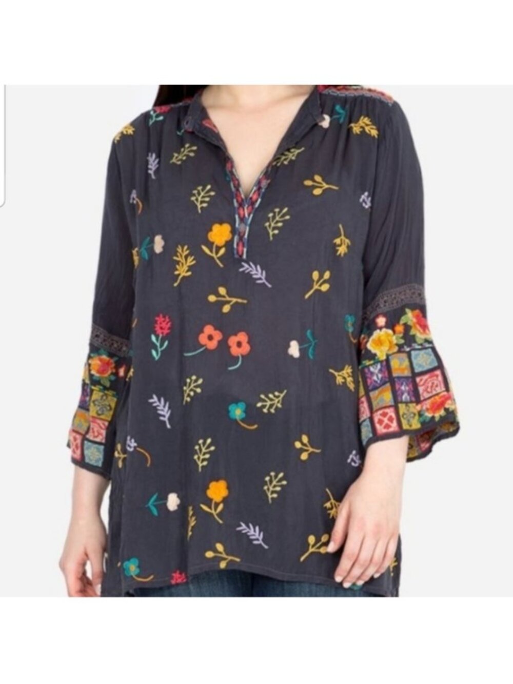 Johnny Was Large Embroidered Floral Tazanna Tunic Top W/ Boho Bell Sleeves